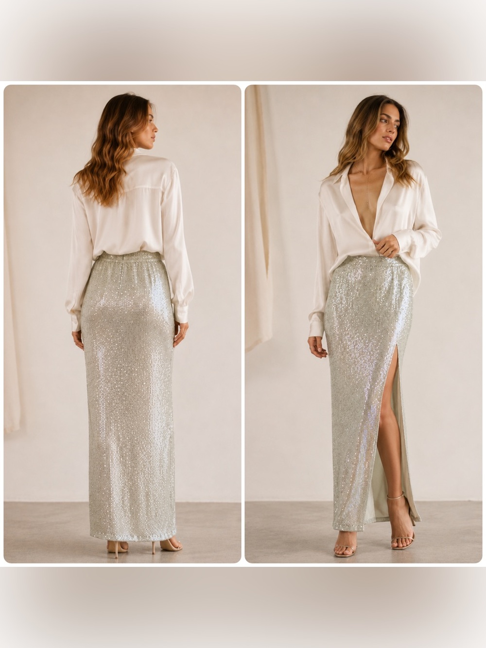 New! Je Te Veux Sequin Maxi Skirt in Icy Sage Green Skirt High Side Slit 🥑 XS